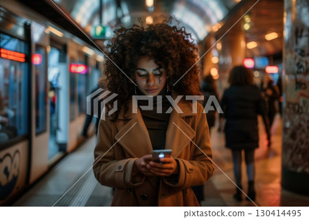 A woman is smiling and holding a cell phone while standing in a train station 130414495