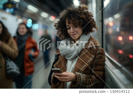 A woman is smiling and holding a cell phone while standing in a train station 130414512