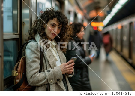 A woman is smiling and holding a cell phone while standing in a train station A woman is smiling and holding a cell phone while standing in a train station 130414513