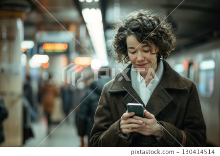 A woman is smiling and holding a cell phone while standing in a train station A woman is smiling and holding a cell phone while standing in a train station 130414514