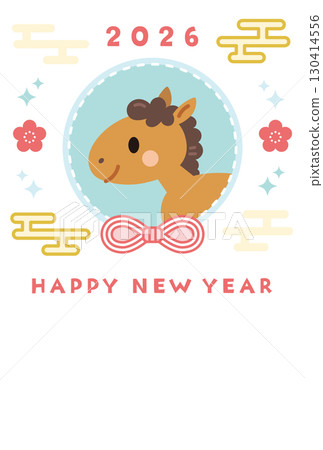 可愛的馬年新年賀卡，馬，2026，垂直，淺藍色，插圖 130414556