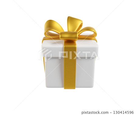 White gift box with a gold bow. A stylized icon perfect for holiday, birthday, or Christmas. Ideal for greeting cards and promotional materials. 3D rendering 130414596