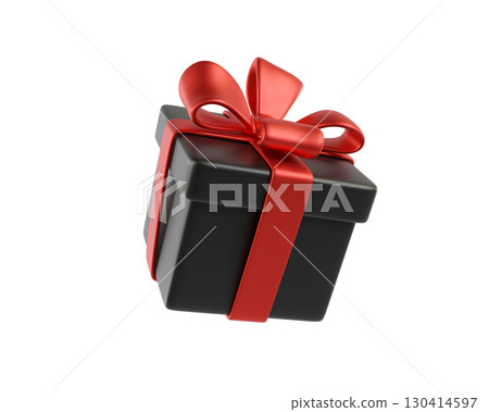 Black gift box with a red bow. A stylized icon perfect for holiday, birthday, or Christmas. Ideal for greeting cards and promotional materials. 3D rendering Black gift box with a red bow. A stylized icon perfect for holiday, birthday, or Christmas. Ideal for greeting cards and promotional materials. 3D rendering 130414597