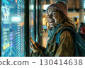 Smiling young woman in an airport terminal looking at her phone, with a backpack on her shoulder and a flight information display board in the blurry background 130414638