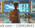 Smiling young woman in an airport terminal looking at her phone, with a backpack on her shoulder and a flight information display board in the blurry background 130414643