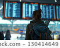 Smiling young woman in an airport terminal looking at her phone, with a backpack on her shoulder and a flight information display board in the blurry background 130414649