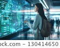 Smiling young woman in an airport terminal looking at her phone, with a backpack on her shoulder and a flight information display board in the blurry background 130414650