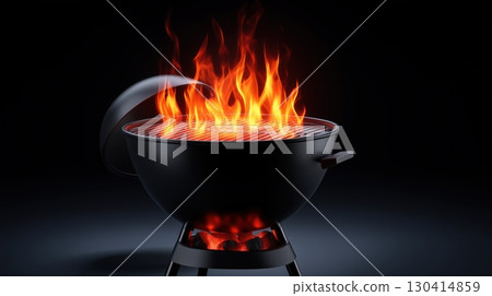 Black kettle barbecue grill with roaring flames and glowing charcoal, ready for cooking 130414859