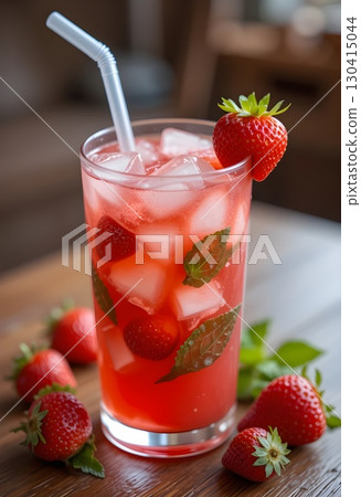 A glass of strawberry infused water with fresh strawberries, ice cubes, garnished with fresh fruit and mint leaves, suitable for warm weather, gathering or as daily refreshment. 130415044