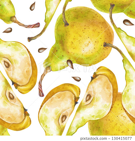 Seamless hand-drawn pattern of whole pears and pieces of fruit isolated on a white background. Watercolor illustration. A botanical template for packaging, wallpaper, textiles, and tableware. Seamless hand-drawn pattern of whole pears and pieces of fruit isolated on a white background. Watercolor illustration. A botanical template for packaging, wallpaper, textiles, and tableware. 130415077