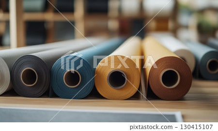 Many colorful bolts of fabric are lying on a wooden table in a textile shop, showcasing a variety of colors and textures for fashion design and sewing projects 130415107