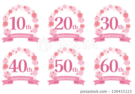 週年紀念圖標集：粉紅色花朵週年紀念圖標 - 10 週年、20 週年、30 週年、40 週年和 50 週年 130415123