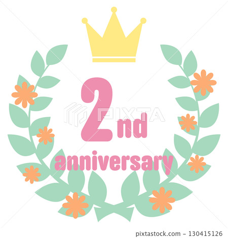 色彩鮮豔、可愛的花朵、月桂樹和皇冠週年紀念圖標，適合慶祝結婚 2 週年 130415126