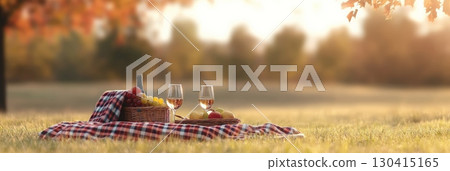 Plaid blanket set on grass with basket of grapes, bottle of wine, two glasses of wine, and basket of apples creating an idyllic fall picnic scene 130415165