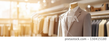 Elegant, light gray suit and white shirt are displayed on a mannequin in a brightly lit fashion retail store, showcasing the latest trends in men's formal wear Elegant, light gray suit and white shirt are displayed on a mannequin in a brightly lit fashion retail store, showcasing the latest trends in men's formal wear 130415180