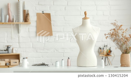 Sewing workspace featuring a mannequin, spools of thread, scissors, and other tools, suggesting a dressmaker or tailor is creating or altering garments 130415204