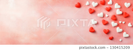 Red and white candy hearts scattered on a pink background create a romantic valentine's day or love themed image, offering copy space for text or design elements 130415209