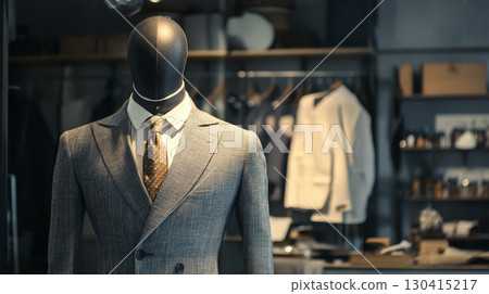 Grey suit with elegant tie displayed on mannequin in a modern fashion boutique with blurred background showcasing shelves and another mannequin 130415217