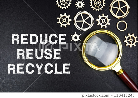 Reduce Reuse Recycle text message with magnifying glass on black background Reduce Reuse Recycle text message with magnifying glass on black background 130415245