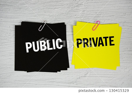 Public vs Private text message on stick note on concrete background 130415329
