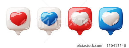 3d like hearts. Glossy volumed social media icons, render speech bubbles chat, love and romantic symbols, emoji message box, Valentine Day graphic decorative isolated classy vector set 3d like hearts. Glossy volumed social media icons, render speech bubbles chat, love and romantic symbols, emoji message box, Valentine Day graphic decorative isolated classy vector set 130415346