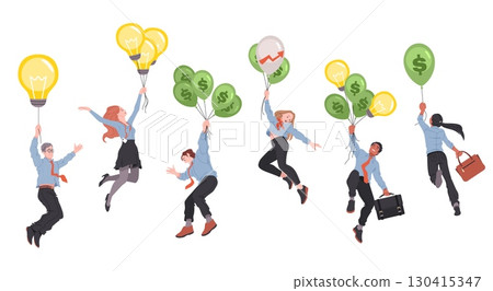 Business people flying on air balloons. Ideas and money symbols, men and women, office dress code, dollar sign, light bulbs, finance and Innovation cartoon flat isolated tidy vector set Business people flying on air balloons. Ideas and money symbols, men and women, office dress code, dollar sign, light bulbs, finance and Innovation cartoon flat isolated tidy vector set 130415347