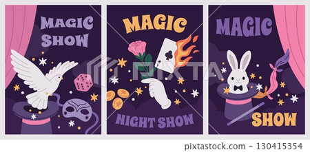 Cartoon magician accessories cards. Illusionist show accessories, wizard tricks cute elements, mystical performance equipment, magic entertainment poster design garish vector isolated set 130415354