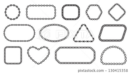 Chain frames. Different shapes and braidings, recurring segments, decorative elegant bijouterie borders, black silhouettes, luxury jewelry, heart and round form, nowaday vector isolated set 130415358