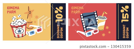 Cinema tickets design. Movie coupons templates, entry voucher mockup, film kino entertainment event invitation, popcorn, 3d glasses and reward, cartoon isolated templates, garish vector set 130415359