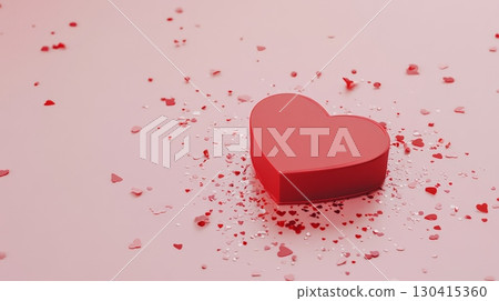 Red heart shaped gift box lying on a pink background surrounded by small red and white heart shaped confetti creating a romantic atmosphere for valentine's day, weddings or anniversaries 130415360
