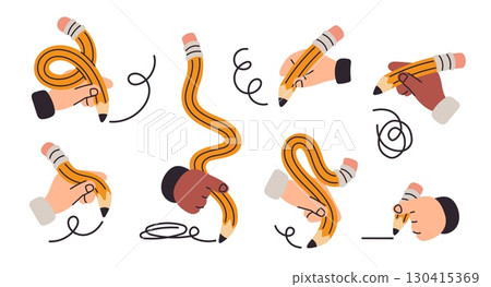 Hands holds twisted graphite pencils with erasers. Flexible long shapes, sketches drawing creative process, handwriting, curved accessories, school education garish vector cartoon isolated set 130415369