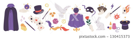 Magician elements. Illusionist show accessories, tricks items, mystery performance equipment, cards, rabbit, crystal ball, wizard cloak, crystal ball, cartoon flat isolated garish vector set 130415373