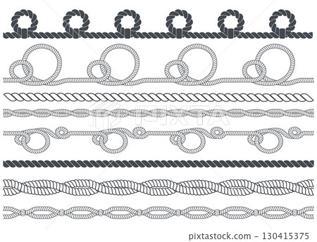 Navy ropes borders. Curved marine cords with loops and knots, nautical monochrome silhouettes, straight and wavy, twisted lasso and ribbon bow, seamless decorative splendid vector isolated set 130415375