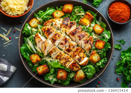 Sliced grilled chicken breast Caesar salad with fresh green lettuce, crispy croutons, parmesan cheese, creamy dressing, top view on dark background. 130415414
