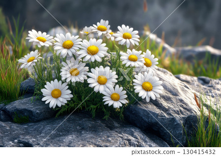Cluster of vibrant white daisies with bright yellow centers growing on textured grey rocks and fresh green grass in a peaceful outdoor scene. 130415432
