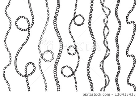 Chain curved borders. Seamless twisted lines, black silhouettes, different elegant weaves, repeating loop segments, jewelry rope borders, bijouterie necklaces nowaday vector isolated set Chain curved borders. Seamless twisted lines, black silhouettes, different elegant weaves, repeating loop segments, jewelry rope borders, bijouterie necklaces nowaday vector isolated set 130415433