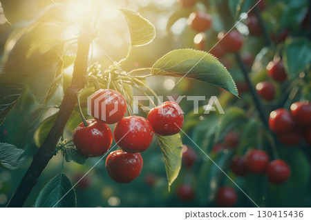 Juicy ripe red cherries on a tree branch. Fresh green leaves glisten with water drops. Golden sun rays illuminate delicious summer fruit. 130415436