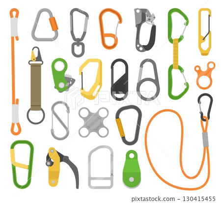Climbing accessories. Mountaineering, bouldering equipment, guy ropes and carabiners, safety clip tools, grips stoppers, extreme sport and tourism supply qualitative vector isolated set 130415455