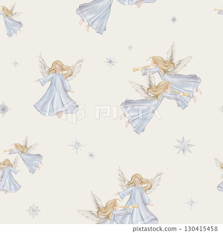 Seamless pattern with cute Christmas angel trumpets with light hair and blue dress in minimalist scandinavian style. Hand drawn illustration repeat ornament with snowflakes children's design. 130415458