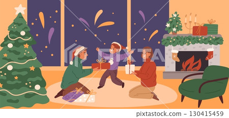 Family exchange Christmas gifts. Happy child with mom and dad, new year surprise box under tree, cozy home interior, celebration scene cartoon flat style isolated garish vector concept 130415459