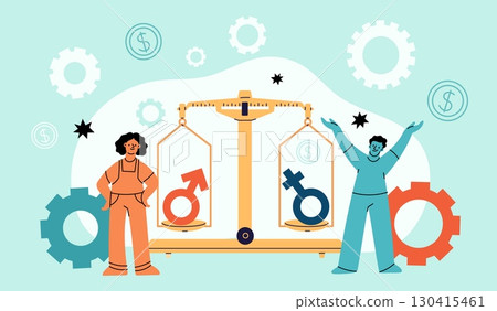 Gender equivalence. Measuring weight of male and female symbols, feminism, struggle for rights, balance of scales, man and women equality cartoon flat style isolated garish vector concept 130415461