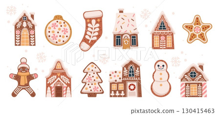 Gingerbread cookies. Homemade winter holiday sweet biscuits, painting with sweet glaze, Christmas or new year pastry, funny decor sugar bread dessert, tidy vector cartoon isolated set 130415463