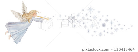 Christmas angel trumpets with light hair and blue dress watercolor illustration with Snowflakes wave shape. Christian Nativity angel with wings, design for religious baptism invitation, greeting card. Christmas angel trumpets with light hair and blue dress watercolor illustration with Snowflakes wave shape. Christian Nativity angel with wings, design for religious baptism invitation, greeting card. 130415464