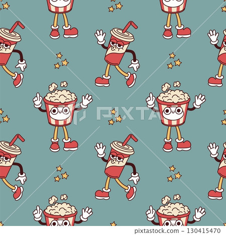 Groovy cinema characters seamless pattern. Cartoon retro mascots, repeated funny popcorn and soda drink with faces, textile, wrapping paper, wallpaper. Print for fabric garish vector background 130415470