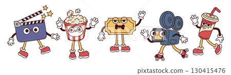 Movie characters. Groovy kino mascots, funny cinema elements with retro faces, hands and feet, filming, movie production, video camera, popcorn and drink, garish vector isolated cartoon set Movie characters. Groovy kino mascots, funny cinema elements with retro faces, hands and feet, filming, movie production, video camera, popcorn and drink, garish vector isolated cartoon set 130415476