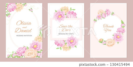 Peony wedding cards. Gentle floral invitations, pink elegance flowers, lush inflorescences, beautiful garden plants, different frames with pastel blossoms, splendid vector isolated set 130415494