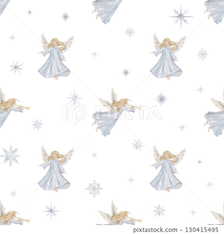 Seamless pattern with cute Christmas angel trumpets with light hair and blue dress in minimalist scandinavian style. Hand drawn illustration repeat ornament with snowflakes children's design. 130415495