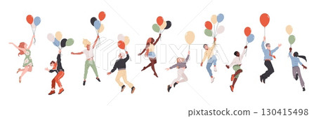 People flies air balloons. Happy characters in fly, men and women with bundles of colored helium balls, dynamic poses, girl hanging on ball cartoon flat style isolated tidy vector set 130415498