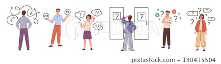 People make choices. Finding right solution, different options for action, weighing pros and cons, dilemma or question, alternative strategy cartoon flat style isolated garish vector set People make choices. Finding right solution, different options for action, weighing pros and cons, dilemma or question, alternative strategy cartoon flat style isolated garish vector set 130415504