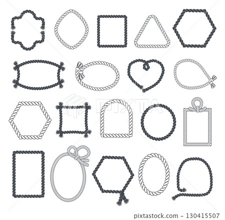Silhouetted rope frames. Different shapes borders from tightrope, tassels at ends, decorative sea nautical cords marine elements circle, square and heart form, splendid vector isolated set Silhouetted rope frames. Different shapes borders from tightrope, tassels at ends, decorative sea nautical cords marine elements circle, square and heart form, splendid vector isolated set 130415507